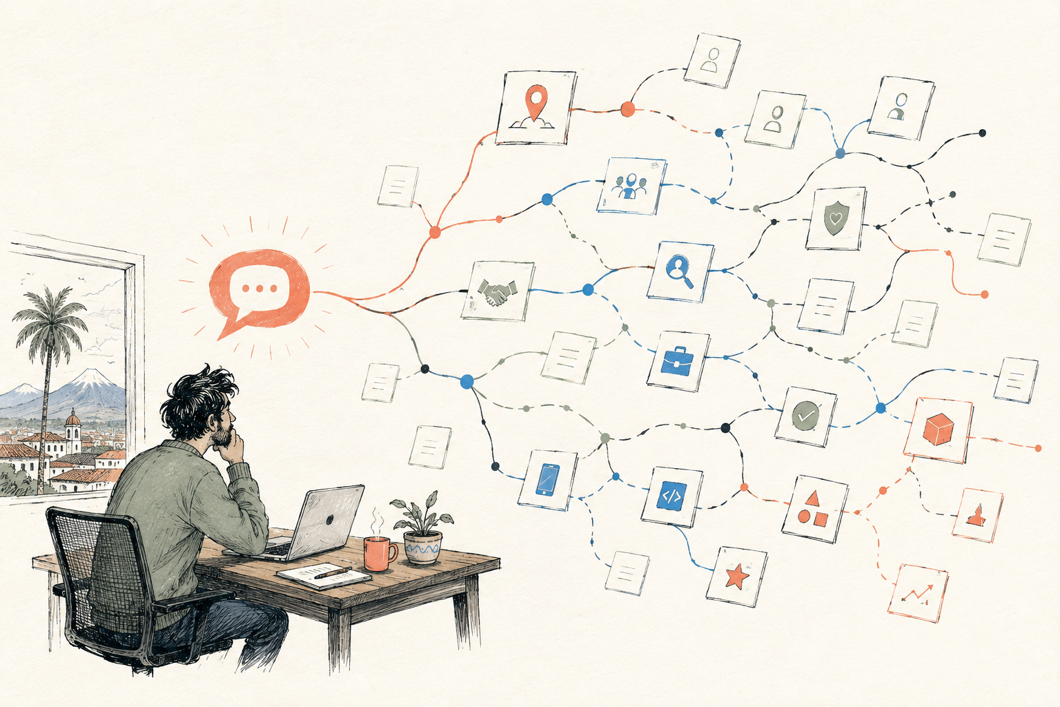 Editorial illustration showing a product idea branching into location, trust, job-fit, and platform decisions