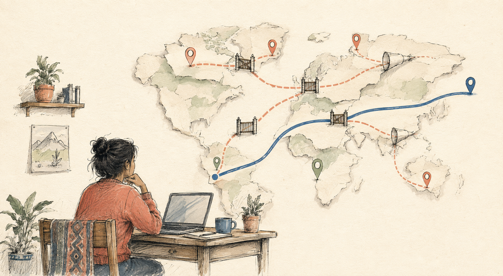 A remote job seeker in Ecuador facing a world map of blocked and open paths