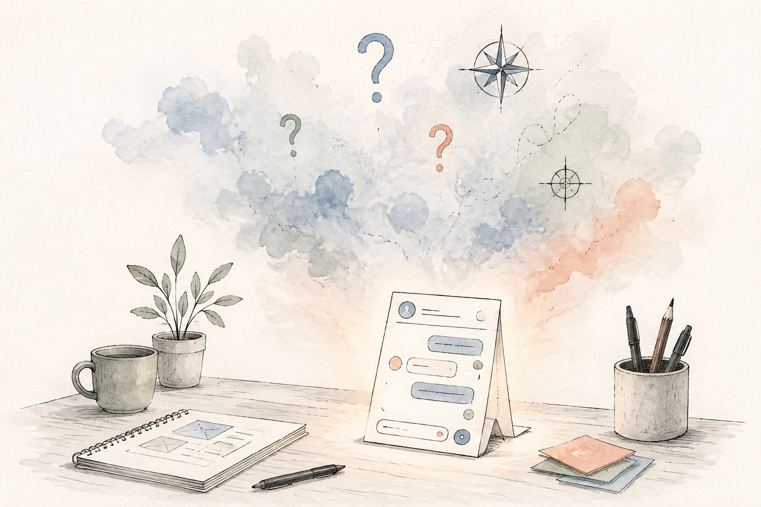 A small chatbot prototype on a desk, surrounded by fog, compass marks, and unresolved questions